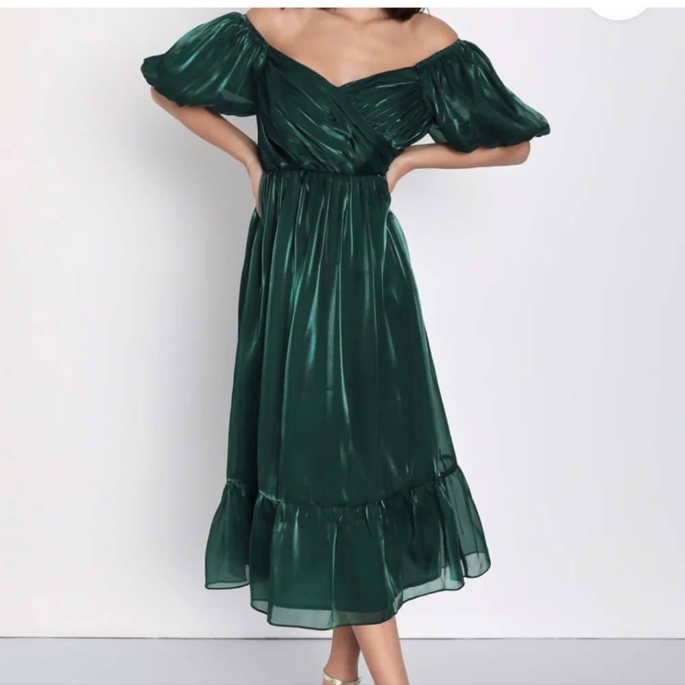 Lulu's Remarkable Sensation Emerald Green Puff Sleeve Tiered Midi Dress Size Sm
